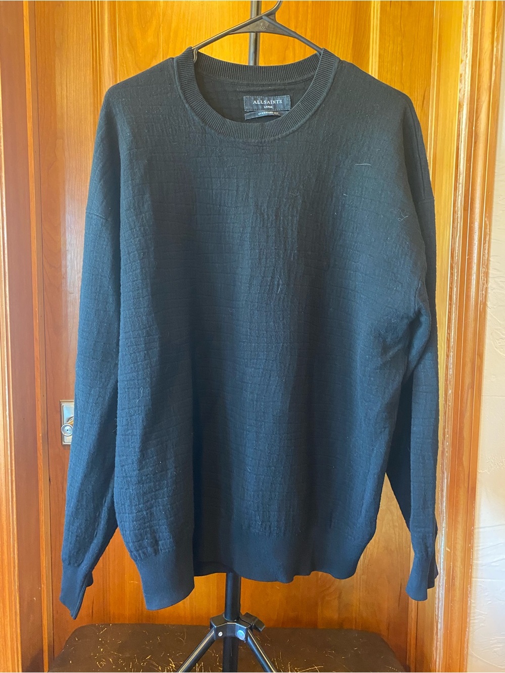 All Saints Black Men's Crewneck Waffle Knit Oversized Sweater